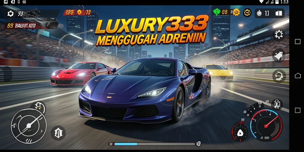 Tangkapan layar utama LUXURY333 menampilkan aksi balapan yang mendebarkan.