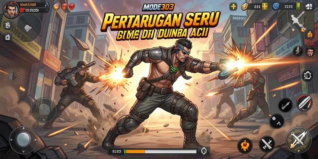 Screenshot utama MODE303 menampilkan aksi mendebarkan karakter dalam pertarungan.