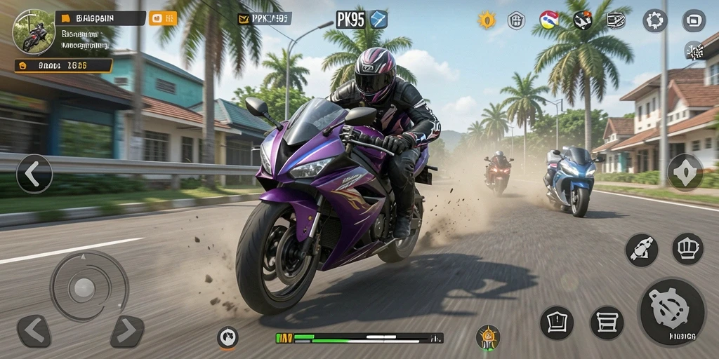 Tampilan gameplay menegangkan dalam balapan motor yang seru.