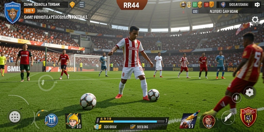 Screenshot gameplay RR44 menampilkan aksi seru di lapangan sepak bola.